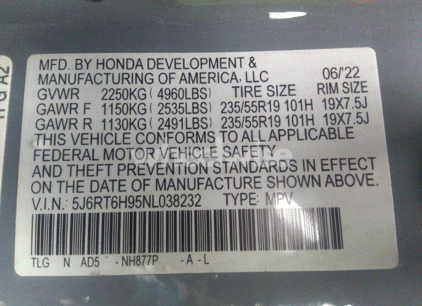 Photo 9 of 2022 Honda Cr-v HYBRID TOURING (VIN 5J6RT6H95NL038232)