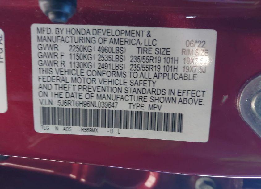 Photo 9 of 2022 Honda Cr-v HYBRID TOURING (VIN 5J6RT6H96NL039647)