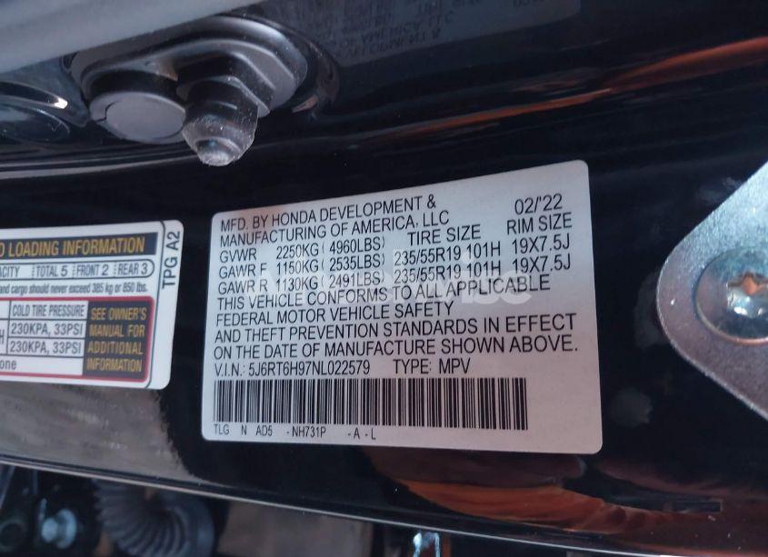 Photo 9 of 2022 Honda Cr-v HYBRID TOURING (VIN 5J6RT6H97NL022579)
