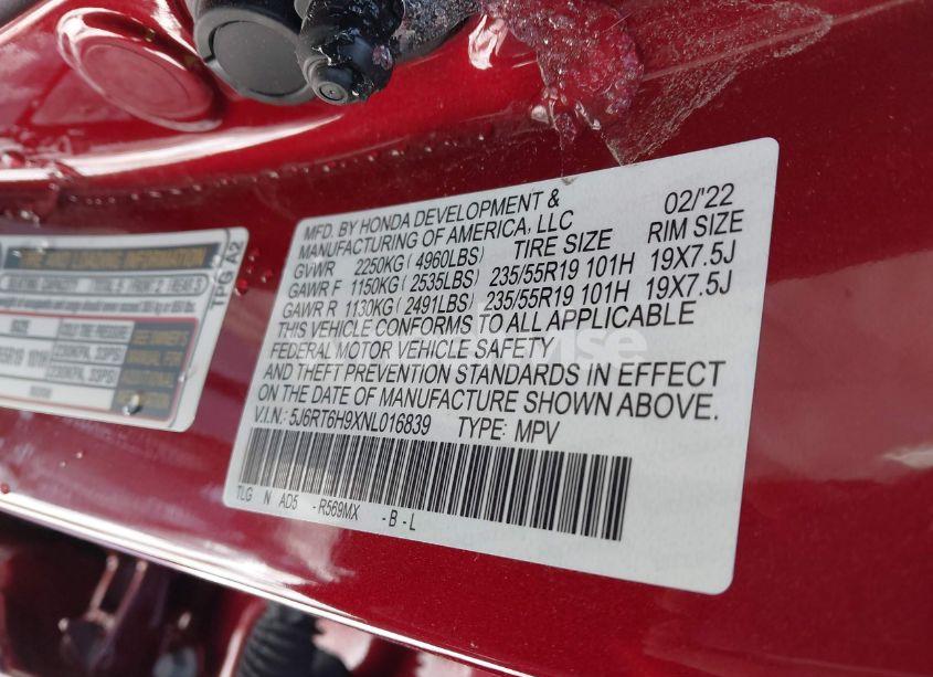 Photo 9 of 2022 Honda Cr-v HYBRID TOURING (VIN 5J6RT6H9XNL016839)