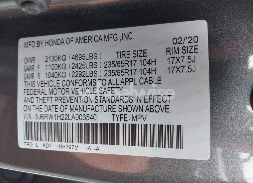 Photo 9 of 2020 Honda Cr-v 2WD LX (VIN 5J6RW1H22LA006540)