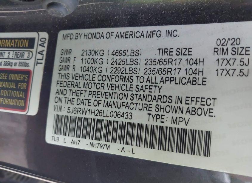 Photo 9 of 2020 Honda Cr-v 2WD LX (VIN 5J6RW1H26LL006433)