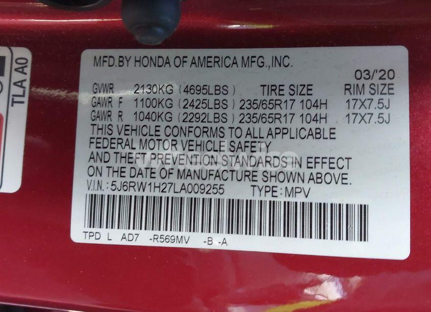 Photo 9 of 2020 Honda Cr-v 2WD LX (VIN 5J6RW1H27LA009255)