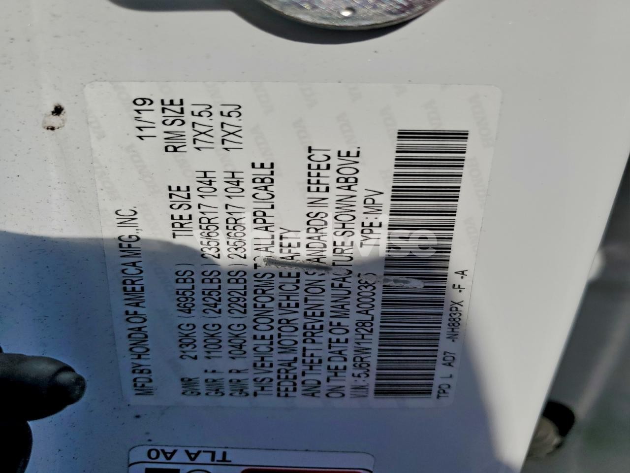 Photo 13 of 2020 HONDA CR-V LX (VIN 5J6RW1H28LA000385)