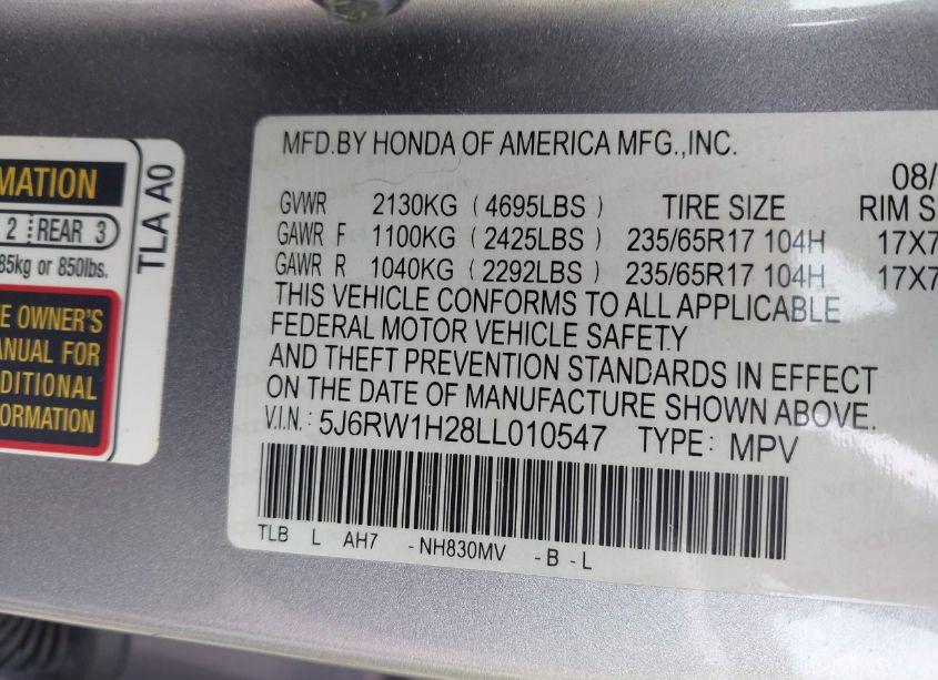 Photo 9 of 2020 Honda Cr-v 2WD LX (VIN 5J6RW1H28LL010547)