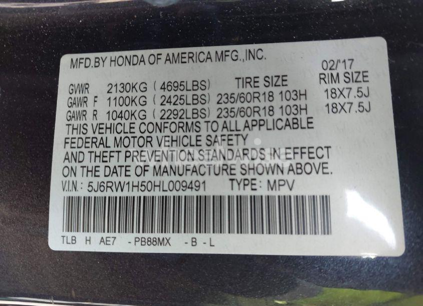 Photo 9 of 2017 Honda Cr-v EX (VIN 5J6RW1H50HL009491)