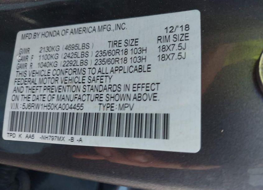 Photo 9 of 2019 Honda Cr-v EX (VIN 5J6RW1H50KA004455)