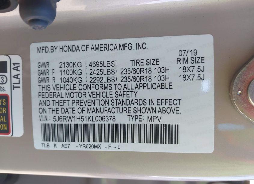 Photo 9 of 2019 Honda Cr-v EX (VIN 5J6RW1H51KL006378)
