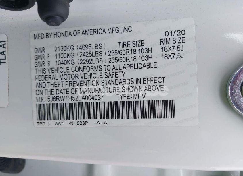 Photo 9 of 2020 Honda Cr-v 2WD EX (VIN 5J6RW1H52LA004037)