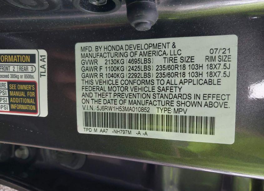 Photo 9 of 2021 Honda Cr-v 2WD EX (VIN 5J6RW1H53MA010852)