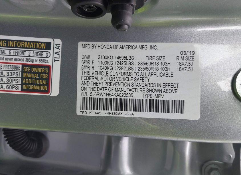 Photo 9 of 2019 Honda Cr-v EX (VIN 5J6RW1H54KA022585)