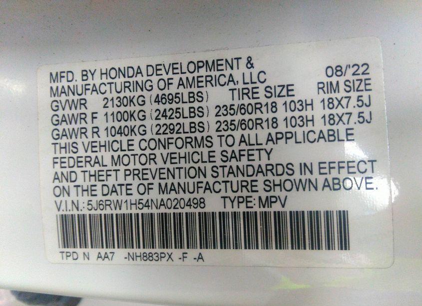 Photo 9 of 2022 Honda Cr-v 2WD EX (VIN 5J6RW1H54NA020498)