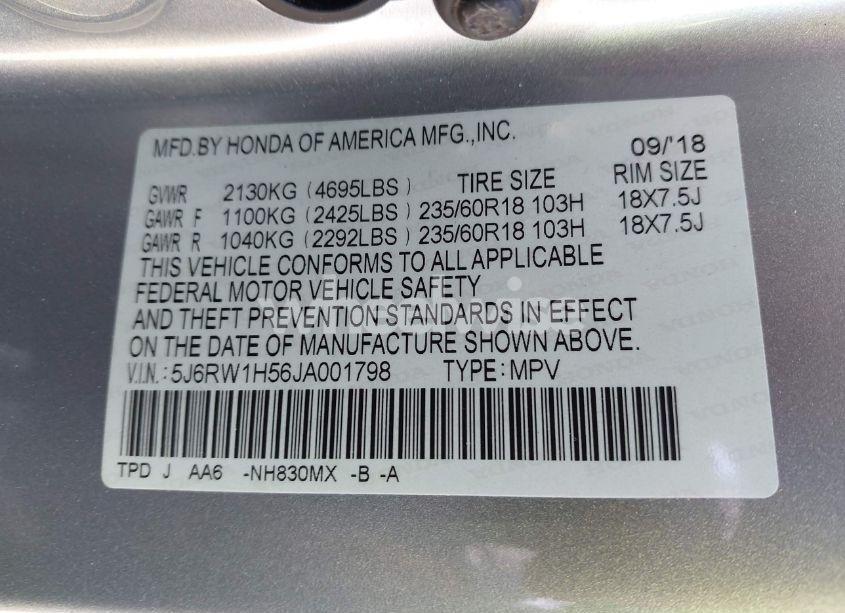 Photo 9 of 2018 Honda Cr-v EX (VIN 5J6RW1H56JA001798)