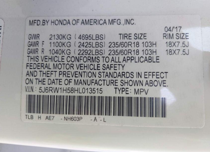 Photo 9 of 2017 Honda Cr-v EX (VIN 5J6RW1H58HL013515)