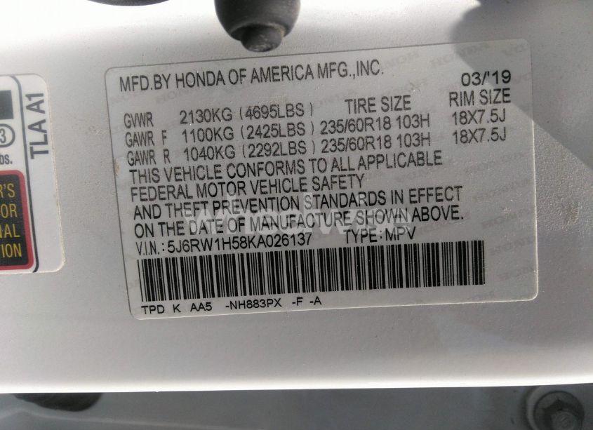 Photo 9 of 2019 Honda Cr-v EX (VIN 5J6RW1H58KA026137)