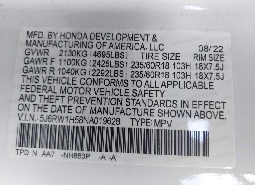 Photo 9 of 2022 Honda Cr-v 2WD EX (VIN 5J6RW1H58NA019628)