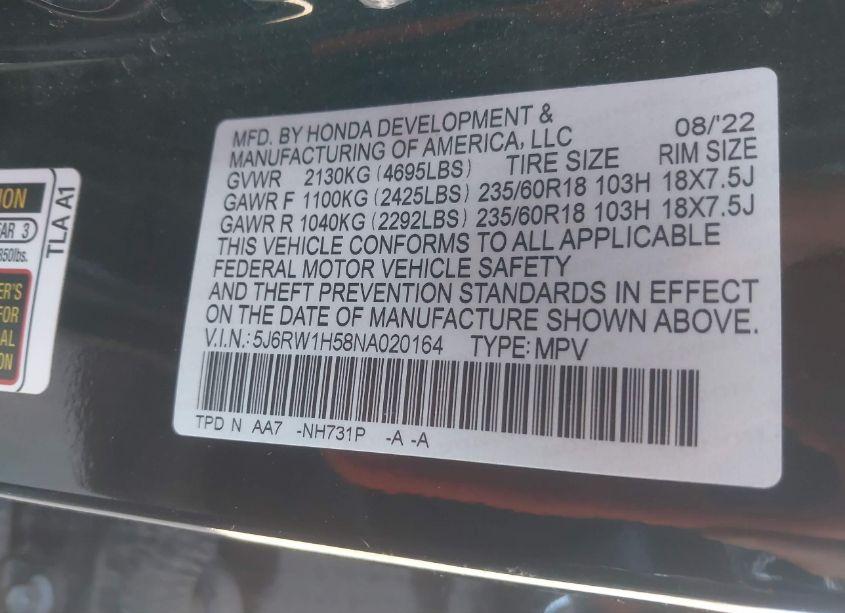 Photo 9 of 2022 Honda Cr-v 2WD EX (VIN 5J6RW1H58NA020164)