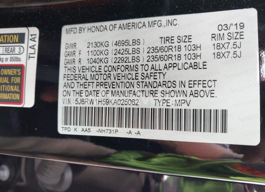 Photo 9 of 2019 Honda Cr-v EX (VIN 5J6RW1H59KA025062)