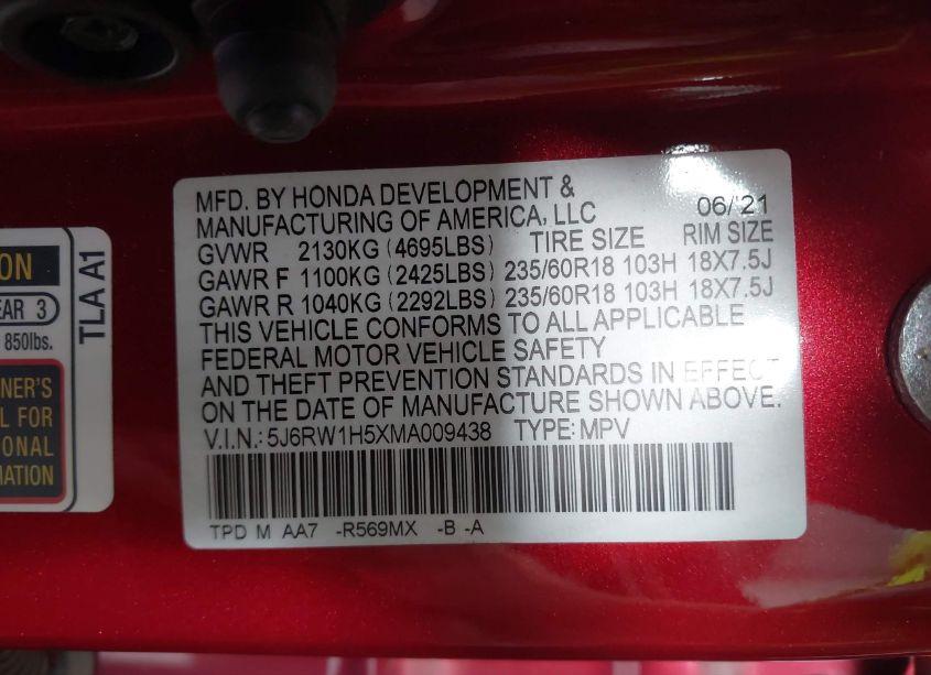 Photo 9 of 2021 Honda Cr-v 2WD EX (VIN 5J6RW1H5XMA009438)