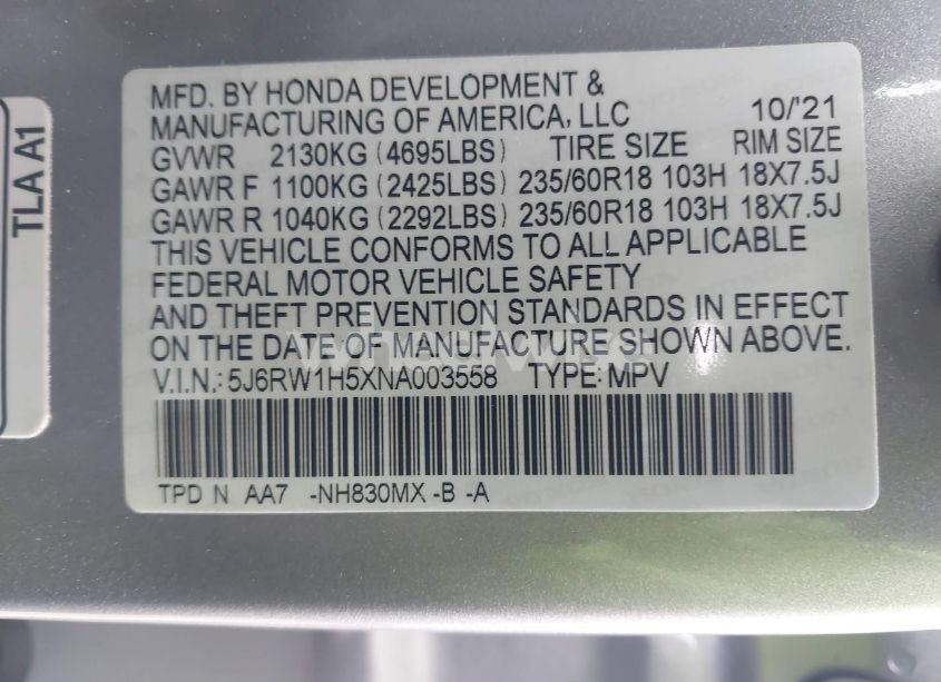 Photo 9 of 2022 Honda Cr-v 2WD EX (VIN 5J6RW1H5XNA003558)