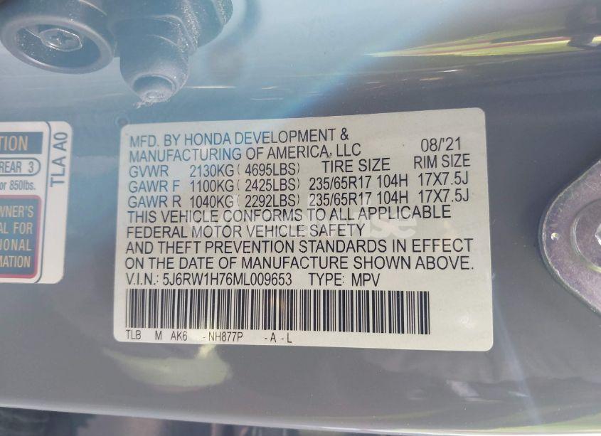 Photo 9 of 2021 Honda Cr-v 2WD SPECIAL EDITION (VIN 5J6RW1H76ML009653)