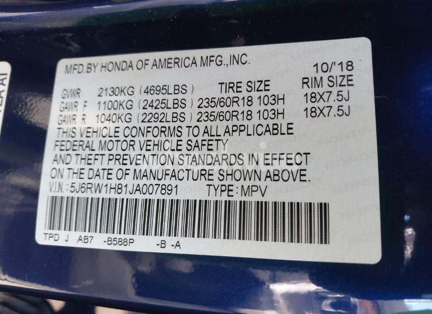 Photo 9 of 2018 Honda Cr-v EX-L/EX-L NAVI (VIN 5J6RW1H81JA007891)