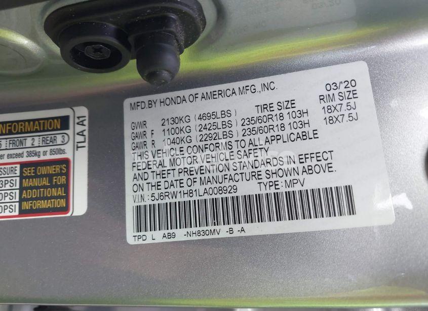 Photo 9 of 2020 Honda Cr-v 2WD EX-L (VIN 5J6RW1H81LA008929)