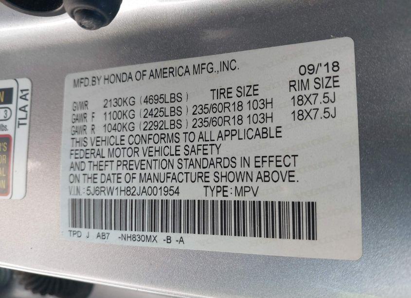 Photo 9 of 2018 Honda Cr-v EX-L/EX-L NAVI (VIN 5J6RW1H82JA001954)