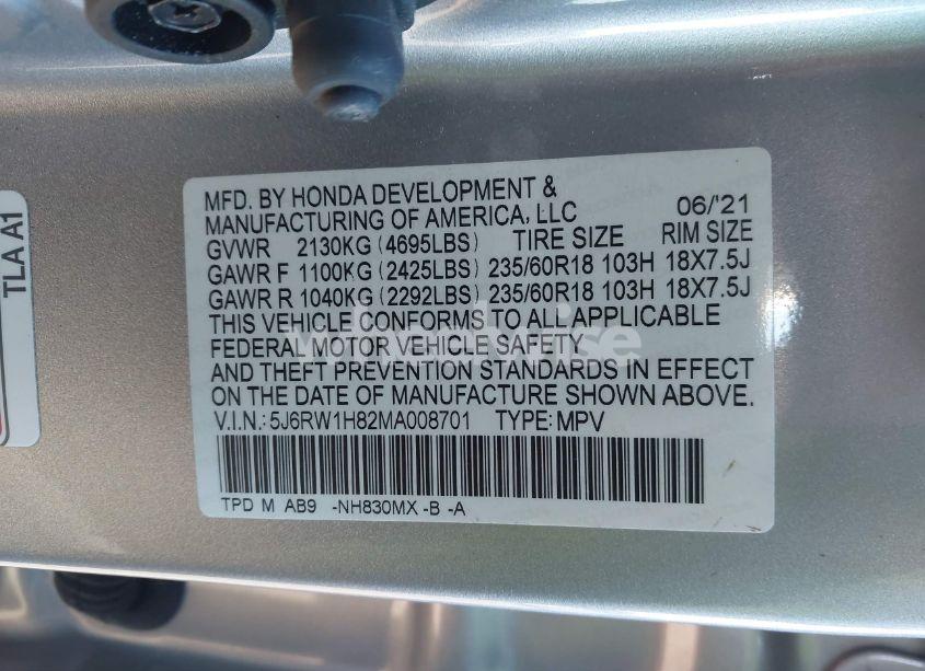 Photo 9 of 2021 Honda Cr-v 2WD EX-L (VIN 5J6RW1H82MA008701)