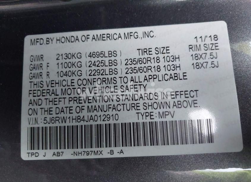 Photo 9 of 2018 Honda Cr-v EX-L/EX-L NAVI (VIN 5J6RW1H84JA012910)