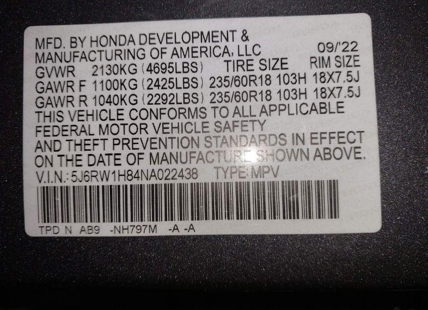Photo 9 of 2022 Honda Cr-v 2WD EX-L (VIN 5J6RW1H84NA022438)