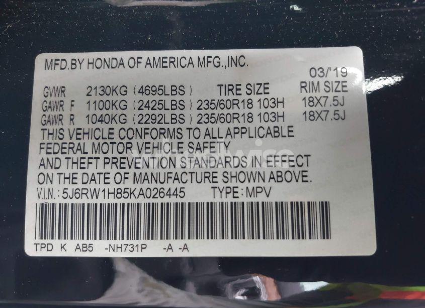 Photo 9 of 2019 Honda Cr-v EX-L (VIN 5J6RW1H85KA026445)