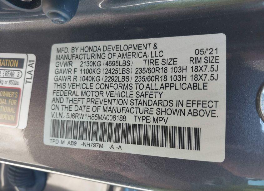 Photo 9 of 2021 Honda Cr-v 2WD EX-L (VIN 5J6RW1H85MA008188)