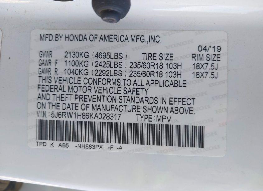 Photo 9 of 2019 Honda Cr-v EX-L (VIN 5J6RW1H86KA028317)