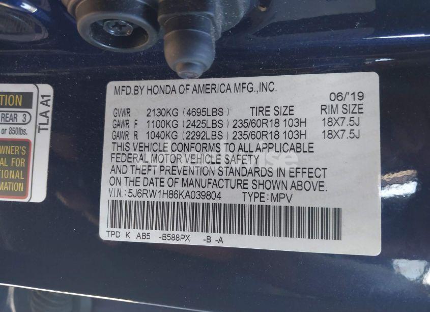 Photo 9 of 2019 Honda Cr-v EX-L (VIN 5J6RW1H86KA039804)