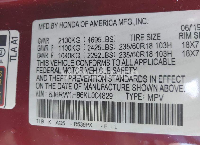 Photo 9 of 2019 Honda Cr-v EX-L (VIN 5J6RW1H86KL004829)