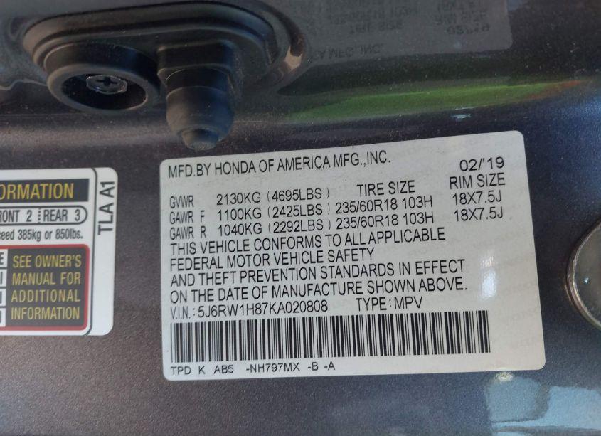 Photo 9 of 2019 Honda Cr-v EX-L (VIN 5J6RW1H87KA020808)