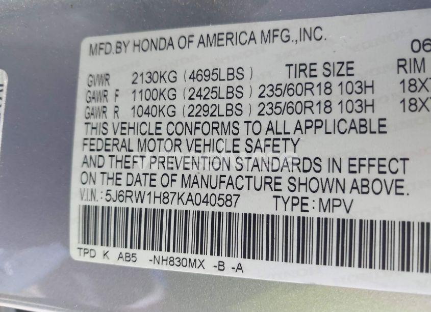 Photo 9 of 2019 Honda Cr-v EX-L (VIN 5J6RW1H87KA040587)