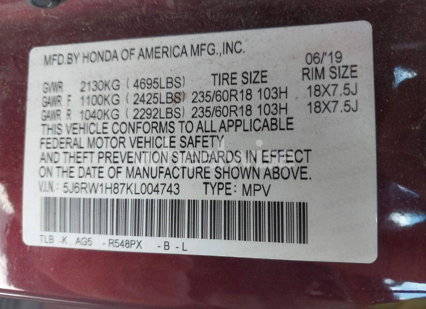 Photo 9 of 2019 Honda Cr-v EX-L (VIN 5J6RW1H87KL004743)