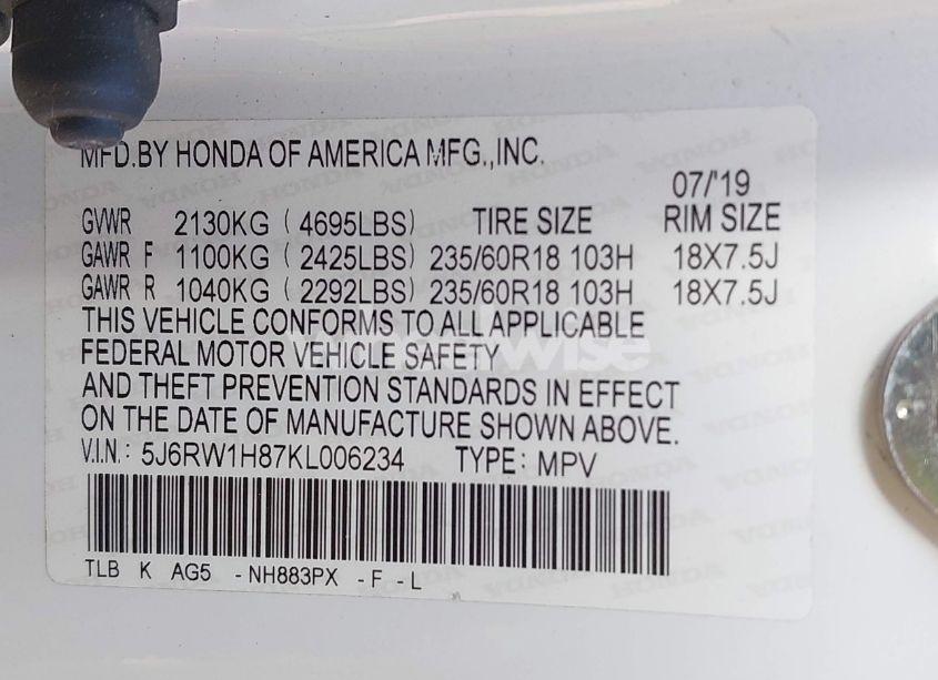 Photo 9 of 2019 Honda Cr-v EX-L (VIN 5J6RW1H87KL006234)