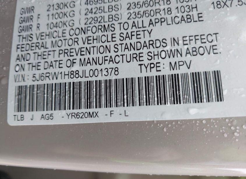 Photo 9 of 2018 Honda Cr-v EX-L/EX-L NAVI (VIN 5J6RW1H88JL001378)