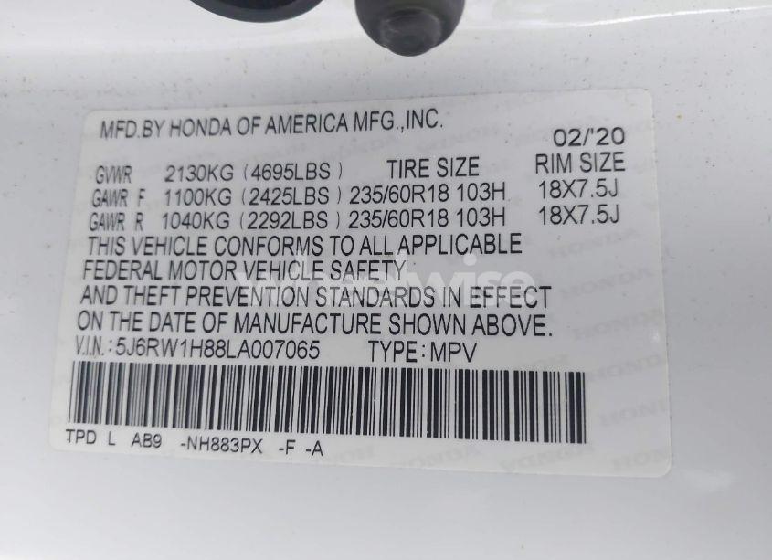 Photo 9 of 2020 Honda Cr-v 2WD EX-L (VIN 5J6RW1H88LA007065)