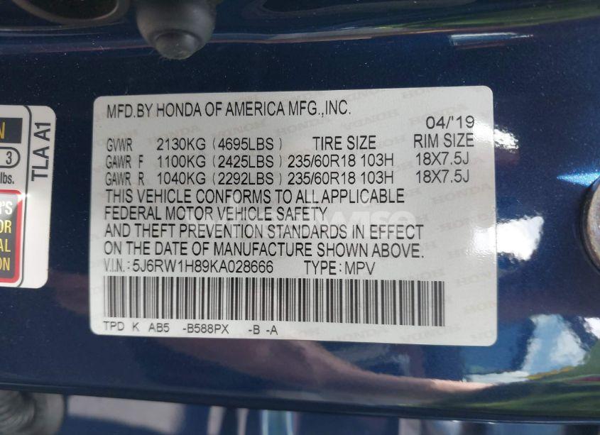 Photo 9 of 2019 Honda Cr-v EX-L (VIN 5J6RW1H89KA028666)