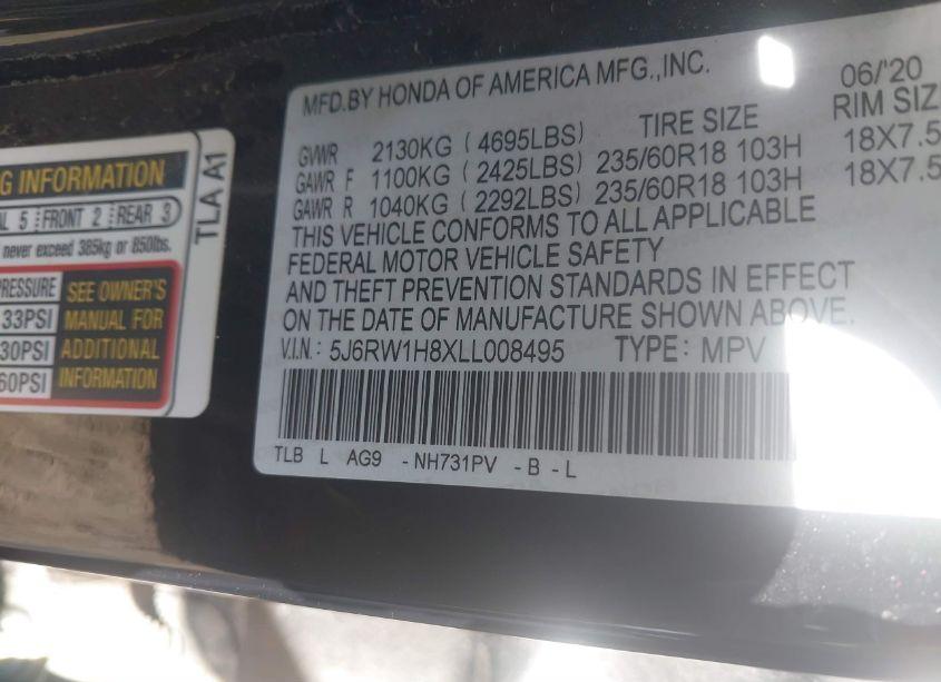 Photo 9 of 2020 Honda Cr-v 2WD EX-L (VIN 5J6RW1H8XLL008495)