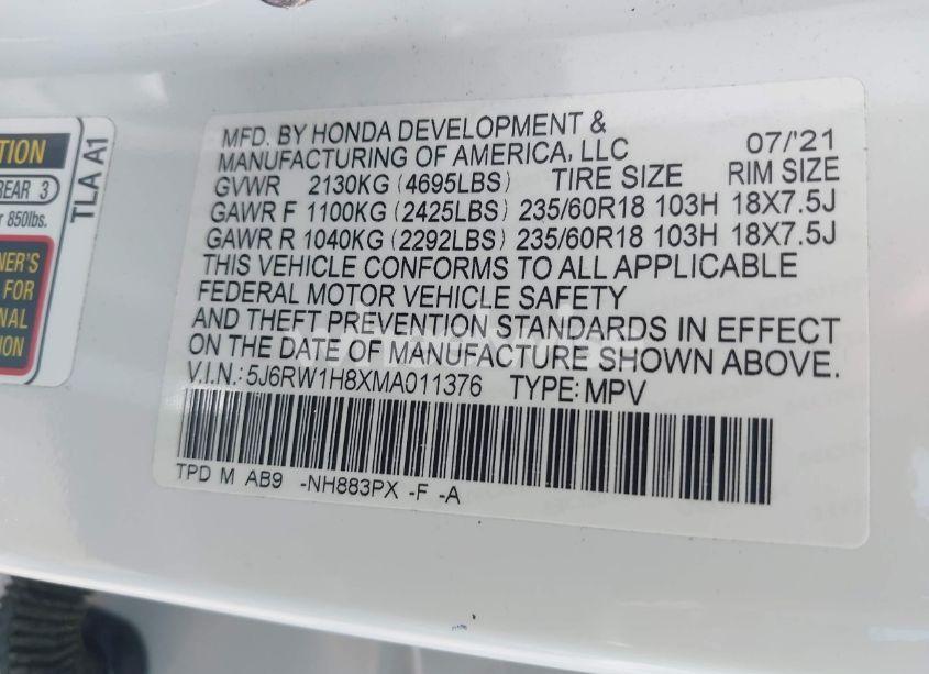 Photo 9 of 2021 Honda Cr-v 2WD EX-L (VIN 5J6RW1H8XMA011376)