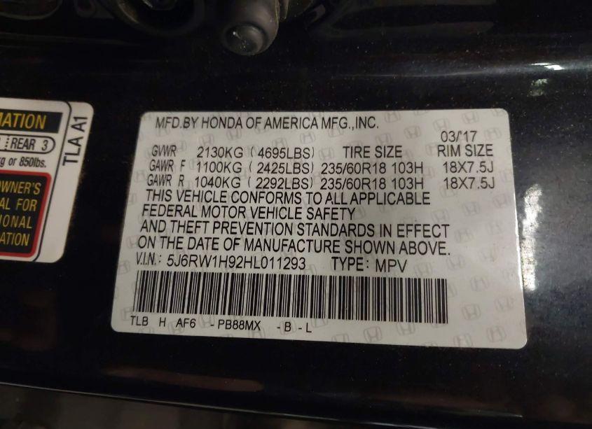 Photo 9 of 2017 Honda Cr-v TOURING (VIN 5J6RW1H92HL011293)