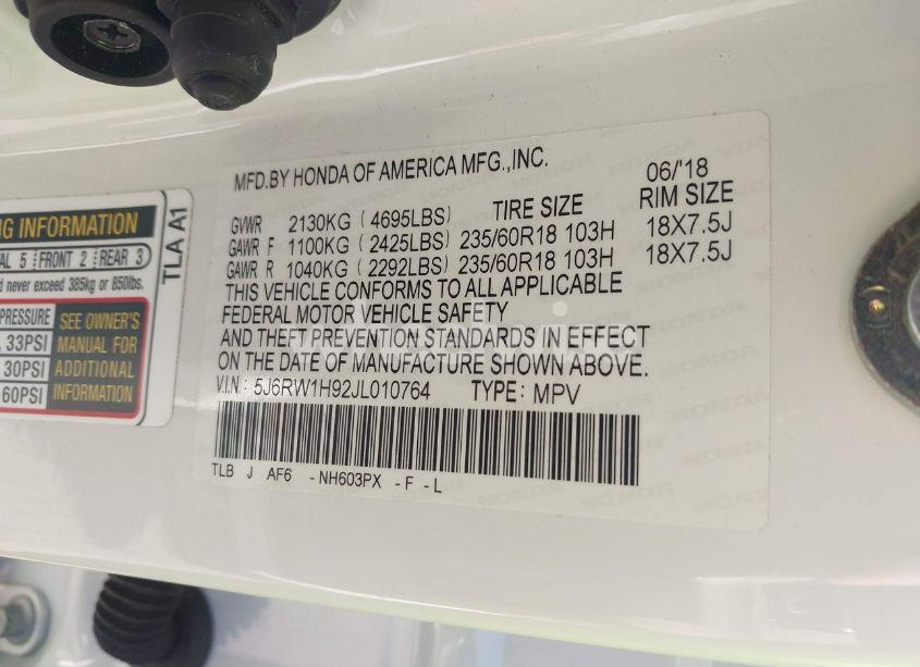 Photo 9 of 2018 Honda Cr-v TOURING (VIN 5J6RW1H92JL010764)