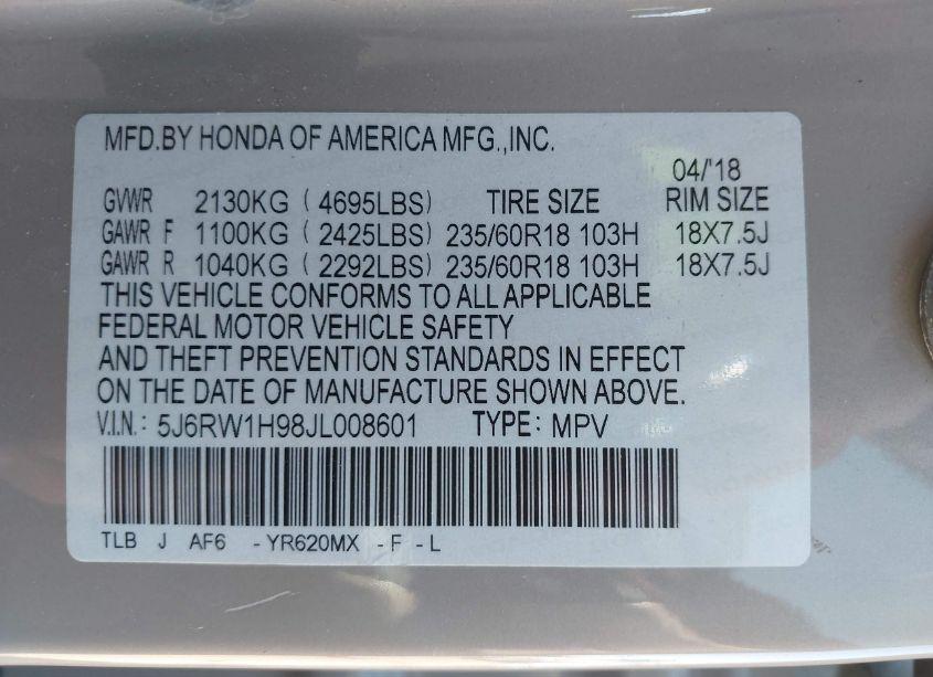 Photo 9 of 2018 Honda Cr-v TOURING (VIN 5J6RW1H98JL008601)