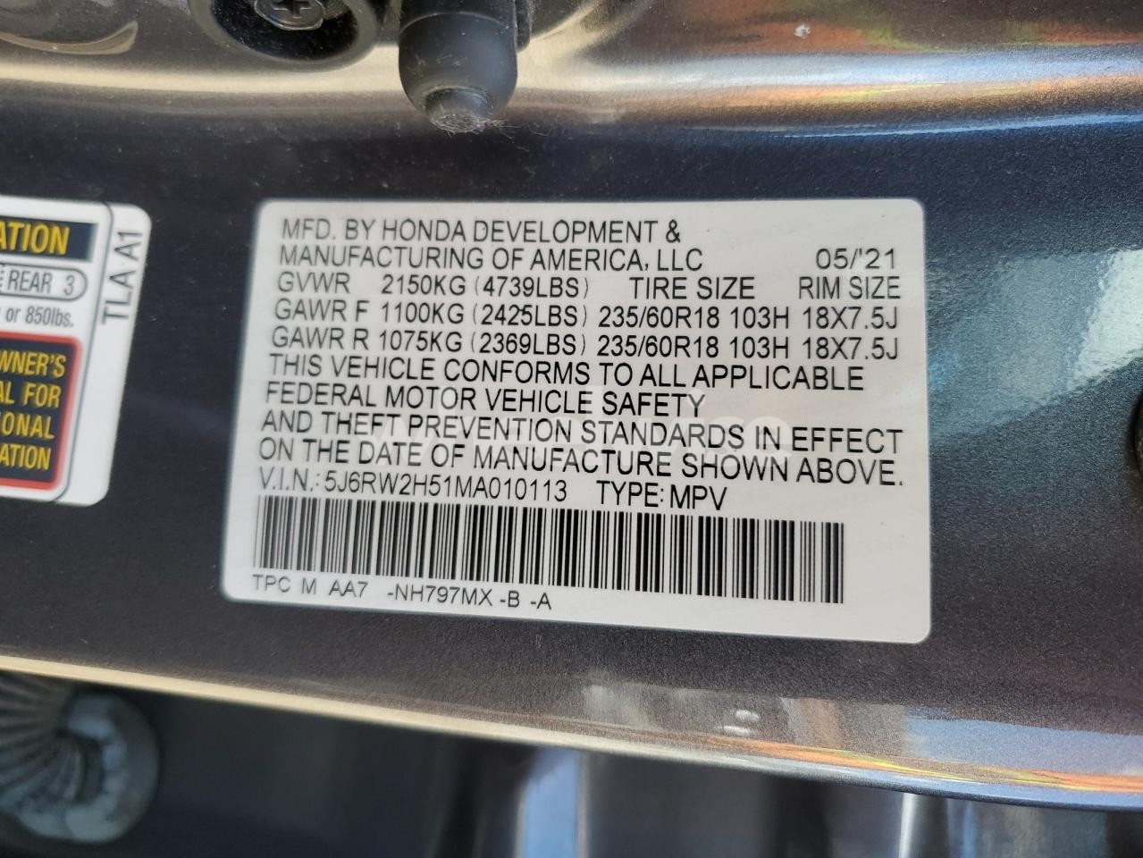 Photo 13 of 2021 HONDA CR-V EX (VIN 5J6RW2H51MA010113)