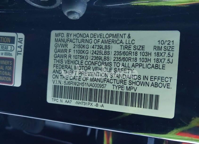 Photo 9 of 2022 Honda Cr-v AWD EX (VIN 5J6RW2H51NA000957)